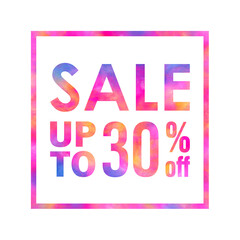 Sale banner with a bright colorful abstract texture on white background. Sale up to 30% off words written with colorful rainbow waves. Type with red, yellow, blue and violet colors for print and web.