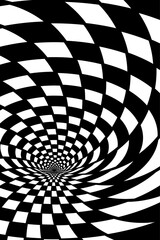 Abstract Black and White Pattern with Tunnel. Contrasty Optical Psychedelic Illusion. Smooth Spiral Chessboard. Raster. 3D Illustration