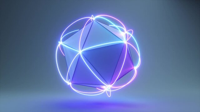 Abstract volumetric polygon with connecting neon lines at the corners. Technological concept. 3d animation of seamless loop