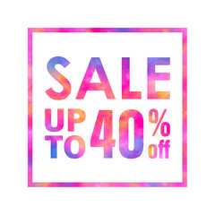 Fototapeta na wymiar Sale banner with a bright colorful abstract texture on white background. Sale up to 40% off words written with colorful rainbow waves. Type with red, yellow, blue and violet colors for print and web.
