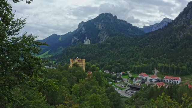 Schloss Hohenschwangau Castle and Neuschwanstein Castle. Aerial view in summer. Schwangau near F&uuml;ssen, Bavarian Alps, Allg&auml;u, Germany.