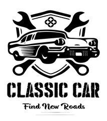 Classic car find new roads graphic with a muscle car, wrench and auto tools in this grunge quote illustration.