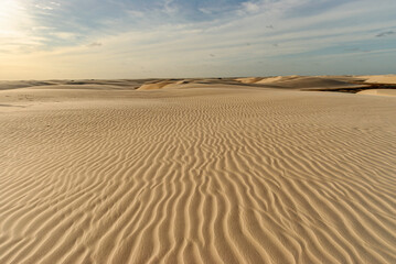 Lencois Maranhenses National Park, Maranhao, Brazil on October 19, 2007. Dunes illuminated by the late afternoon sun, highlighting the texture of the sand.