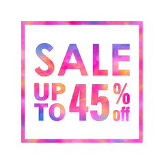 Sale banner with a bright colorful abstract texture on white background. Sale up to 45% off words written with colorful rainbow waves. Type with red, yellow, blue and violet colors for print and web.