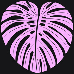 Pink leaf of a tropical plant, monstera. Fashionable print, symbol. Carnation color, lilac. Gentle, young, girlish.