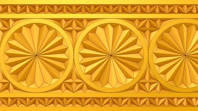 Wooden Board with Carved National Ornaments. Loop motion, 3d rendering, 4k resolution
