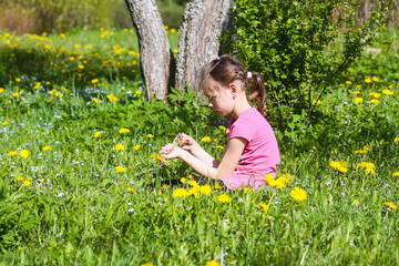 A girl on the green spring meadow with a lot of wildflowers in sunlight. Child exploring nature.