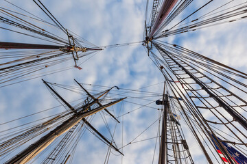 USA, Massachusetts, Cape Ann, Gloucester. Gloucester Schooner Festival, schooner masts.