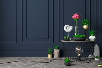 Decor plants and dark blue classic wall