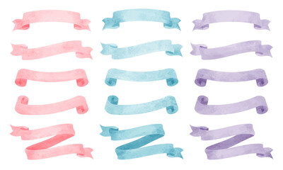水彩のリボンセット─ピンク、水色、紫/ Watercolor Ribbon Set