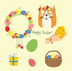 Vector Easter illustrations with animals holding the eggs and hand drawn text - Happy Easter