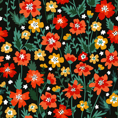 Fototapeta na wymiar Vintage colorful summer floral pattern. Wildflowers are red and yellow. Seamless floral background for packaging, textiles, wallpaper. Vector texture of colors
