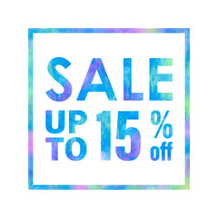 Sale banner with a bright colorful abstract texture on white background. Sale up to 15% off words written with colorful rainbow waves. Type with blue, green and violet colors for print and web.