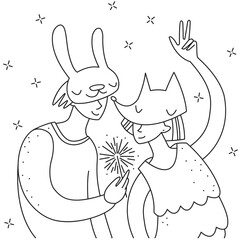 Line art illustration. 
Festive party. Girl and guy in masquerade masks are dancing.  