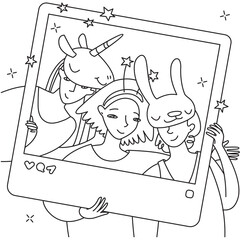 Line art illustration. 3 girls in masquerade masks posing for a photo. 