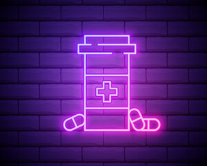 Glowing neon line Medicine bottle and pills icon isolated on brick wall background. Bottle pill sign. Pharmacy design. Vector Illustration