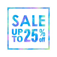 Sale banner with a bright colorful abstract texture on white background. Sale up to 25% off words written with colorful rainbow waves. Type with blue, green and violet colors for print and web.