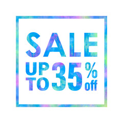 Sale banner with a bright colorful abstract texture on white background. Sale up to 35% off words written with colorful rainbow waves. Type with blue, green and violet colors for print and web.
