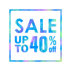 Sale banner with a bright colorful abstract texture on white background. Sale up to 40% off words written with colorful rainbow waves. Type with blue, green and violet colors for print and web.