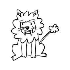 Cartoon vector illustration of a cute funny lion with white fangs. Isolated objects. The concept for children print.