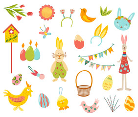 Happy easter vector set. Easter elements for decotation. Sweet rabbits, eggs, chicken, birdhouse, basket, flowers. Concept holiday spring cartoon collection