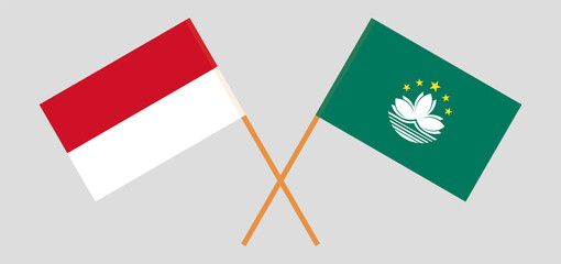 Crossed flags of Indonesia and Macau. Official colors. Correct proportion