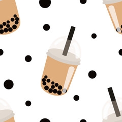 Bubble tea. Seamless pattern with cups of Taiwanese tea with pearls in a white background. For printing on fabrics, textiles, paper, kitchen decor. 