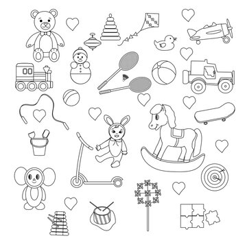 A set of toys for children. Elements for kindergarten, school in doodle style.Vector illustration
