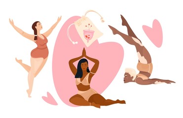 Menstruation theme. Zero waste period. Menstrual cup. Protection of menstruation, feminine hygiene. Vector cartoon flat illustration.	