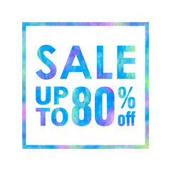 Sale banner with a bright colorful abstract texture on white background. Sale up to 80% off words written with colorful rainbow waves. Type with blue, green and violet colors for print and web.