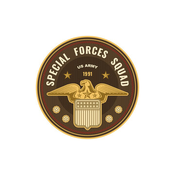 Special forces squad isolated military chevron icon. Vector US army mascot with golden eagle. USA tank division, artillery and anti-aircraft special squad, armored troops, flak and howitzer insignia
