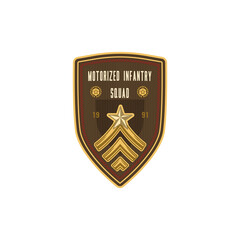 Squad of motorized infantry transported by trucks or motor vehicles, star and sergant rank sign. Vector special forces squad, military chevron, army mascot. US sub-subunit of non-commissioned officer