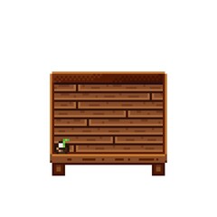 Fruit shop pixel art. Coconuts in a wooden crate. Coconut, food pixel art icon isolated on white background. Fruit stall. Showcase with Fruit waste. Vector illustration. Coconuts pixel art.