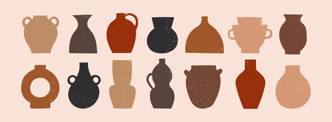 Various ceramic Vases. Different shapes. Colored silhouettes. Antique, ancient ceramics. Pottery concept. Stamp texture. Hand drawn Vector set. Trendy illustration. All elements are isolated