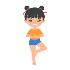 Cute Chinese chibi girl doing yoga, isolated on white background. Cartoon flat style