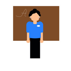 A teacher in a blue blouse and black skirt stands near the blackboard. Vector illustration.