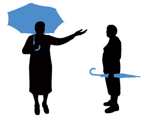 Illustration silhouette of a senior woman. Grandmother stands with an open blue umbrella. She extended her hand to check if it was raining. Woman with a closed umbrella in hands. Blue-black color.	