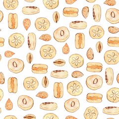 Watercolor and ink almond sweets pattern on white. Seamless pattern with cookies, almonds, macaroons, healhty sweets. Colorfull background for textile, wallpapers, print and banners.