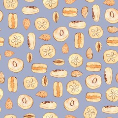 Watercolor and ink almond sweets pattern on gray. Seamless pattern with cookies, almonds, macaroons, healhty sweets. Colorfull background for textile, wallpapers, print and banners.