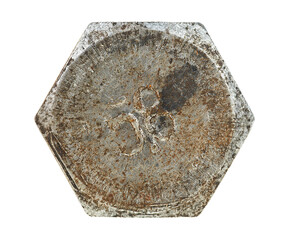 Rusty metal bolt head isolated on a white background. Old rusty screw head.