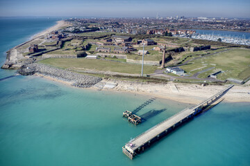 Aerial View of Fort Cumberland in Southsea the pentagonal artillery fortification erected to guard the entrance to Langstone Harbour and protect the Royal Navy Dockyards in Portsmouth.