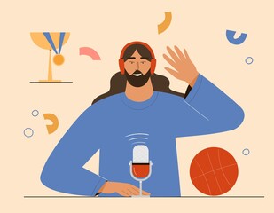 Sport podcast or radio show concept, man talking in microphone in headphones recording stream. Vector illustration in flat style