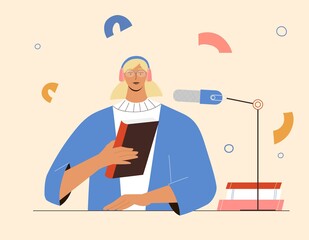 Podcast concept about reading and books, woman talking in microphone, recording stream. Vector illustration in flat style