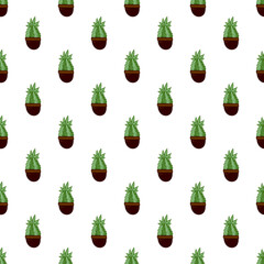 Seamless pattern with the green cactus houseplants in floral pots. Botanical background.