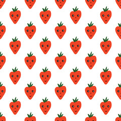 Seamless vector pattern with berries. Strawberry with eyes and smile in cartoon style. Repeating print background texture. Fabric colorful design