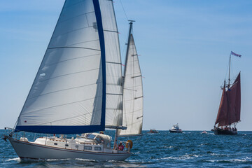 USA, Massachusetts, Cape Ann, Gloucester. Gloucester Schooner Festival, schooner parade of sail.