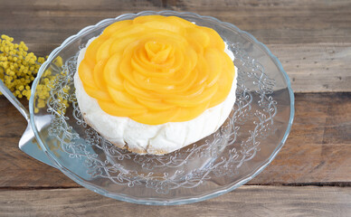 Three milks dessert with jelly decorated with peaches. Copy space. Colombian recipe.