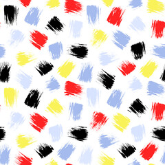 Seamless pattern. Abstract modern print for wrapping paper, fabric, etc. Red, black, yellow, blue lines and brushstrokes on white background.