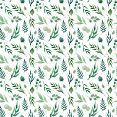 Seamless watercolor floral pattern - green leaves and branches composition on white background,  for wrappers, wallpapers, postcards, greeting cards, wedding invitations