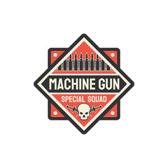 US military chevron, special squid of machine guns squad isolated shield badge. Vector rifled long-barrel autoloading firearm, US army patch, bullet and crossed swords with skull. Army armored troop